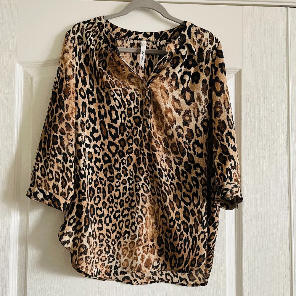 NY Collection Leopard Print ¾ Sleeve Tunic Top Shirt Size M
